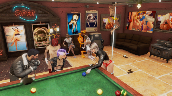 Рокси и Данс играют в бильярд.