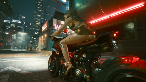 Ви на мотоцикле в ночном Найт-Сити.