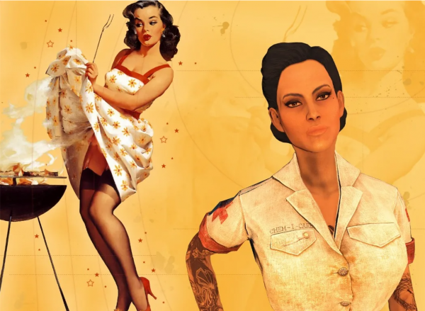 Поселенка на фоне пин-ап плаката.