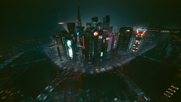 Ночной Найт-Сити с высоты 500 м.