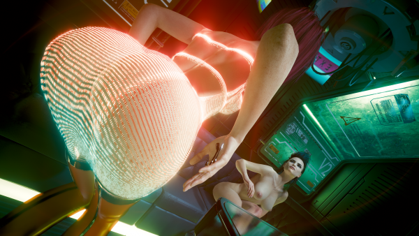 Попа красотки Ви в неоновом полупрозрачном платье.